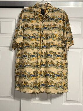 Guy Buffet Men's Beige Tropical Fish Print Short-Sleeve Shirt